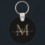 Modern Namn-Elegant, svart, Guld Monogram,  Nyckelring<br><div class="desc">Enkel svart Elegant i Guld Monogram,  modern skriptnyckelkedja</div>