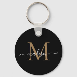 Modern Namn-Elegant, svart, Guld Monogram, Nyckelring