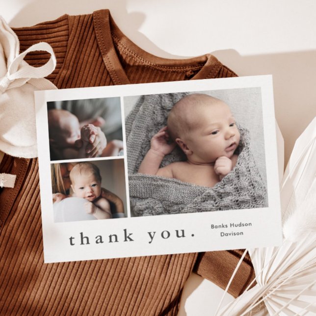 Modern Namn Foto Collage Baby Tackkort (Simple typography black and white 3 photo collage thank you magnetic card.)