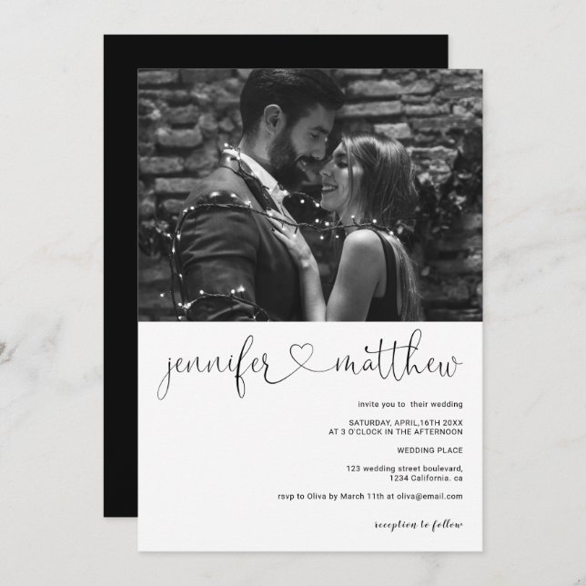 Modern namn-kalligrafifoto bröllop inbjudningar (Fram/baksida)