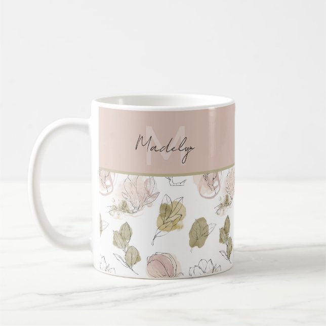 Modern Namn Monogram Blommig Tjejig Kaffemugg (Vänster)