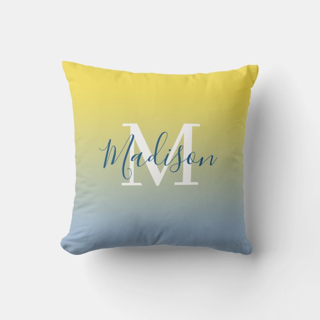 Modern Namn Monogram-Gult till ljusblå övertoning Kudde (Framsida)