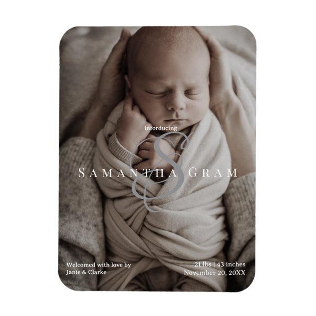 Modern Namn Monogram Nyfödd Foto  Magnet (Vertikal)