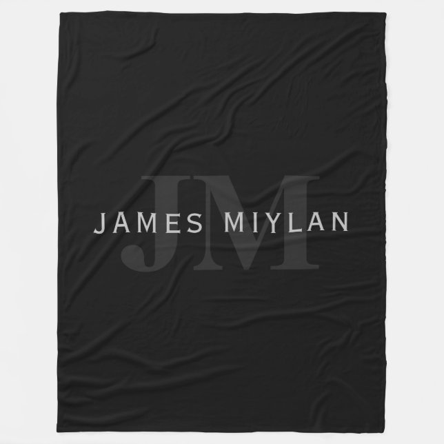 Modern Namn och Monogram | Grått och svart Fleecefilt (Framsidan)