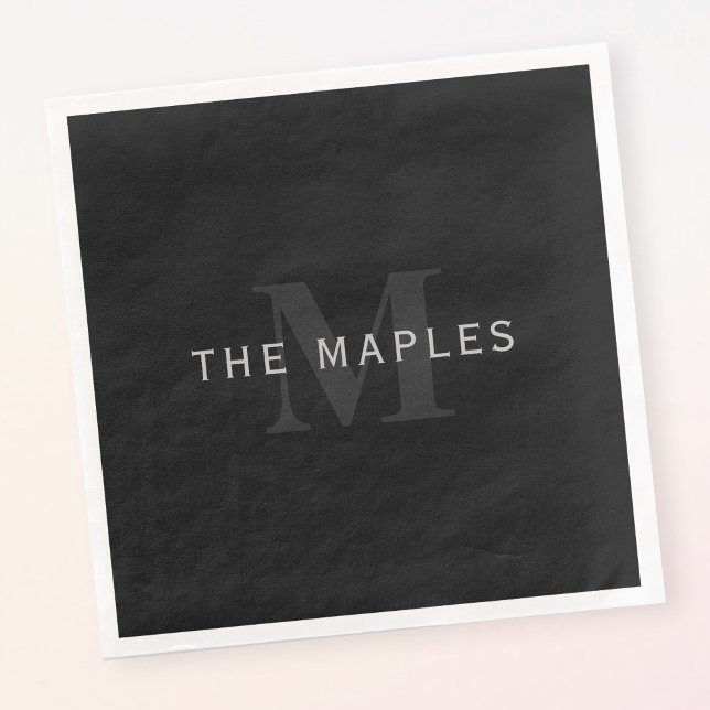 Modern Namn och Monogram | Grått och svart Pappersservett (Skapare uppladdad)