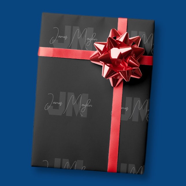 Modern Namn och Monogram | Grått och svart Presentpapper (Skapare uppladdad)