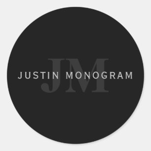 Modern Namn och Monogram Grått och svart Runt Klistermärke