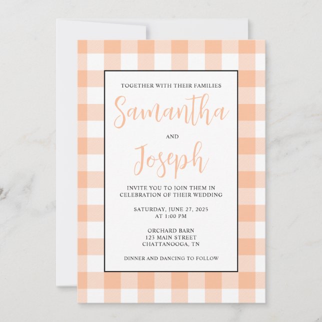Modern Namn Peach Gingham Landsbyggsbröllop Inbjudningar (Framsida)