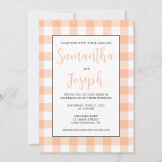 Modern Namn Peach Gingham Landsbyggsbröllop Inbjudningar