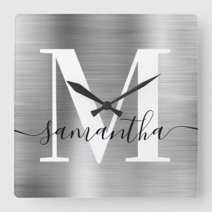 Modern Namnteckning Monogram Silver Foil Fyrkantig Klocka