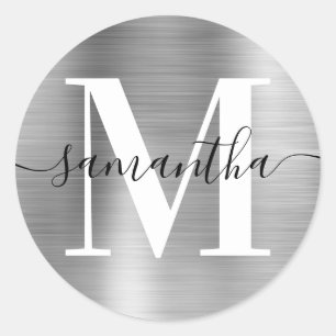 Modern Namnteckning Monogram Silver Foil Runt Klistermärke