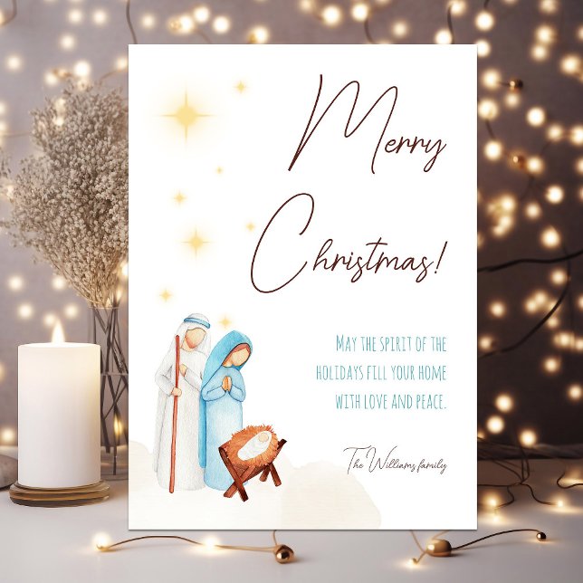 Modern nativitetsscen med Cute Baby Jesus Julkort (Cute nativity Christmas card with baby Jesus and personalized text)