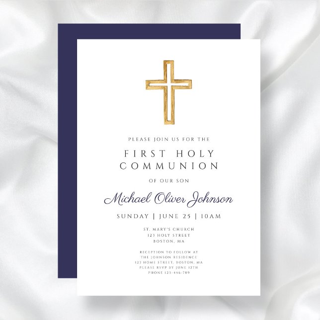 Modern nattblå kors pojke första kommunion inbjudningar (Modern Navy Blue Cross Boy First Communion Invitation)