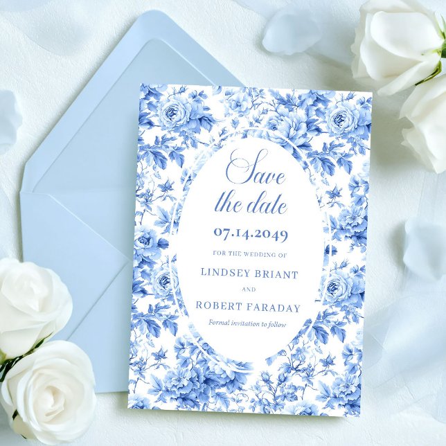 Modern nattblå ros toile Spara datum bröllopskort Meddelande (Modern Navy Roses Toile Save the Date Wedding Card)
