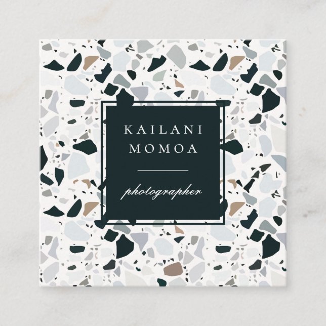 Modern Natural Blue Terrazzo Mönster Fyrkantigt Visitkort (Framsida)