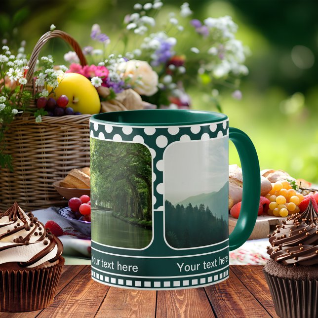 Modern Nature Grönt Polka dots Photo Mugg (Photo mug featuring your own favorite photos framed by a retro teal green and white polka dot design)