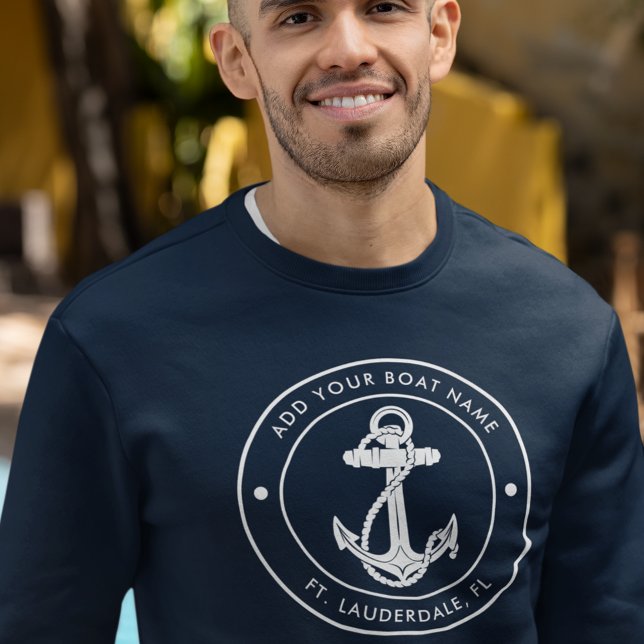 Modern Nautical Anchor Boat Namn Anpassningsbar Lång Ärmad Tröja (Nautical Anchor Boat Name Navy Blue Mens Sweatshirt)