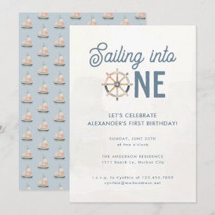 Modern Nautical Blue Pastel Kids 1:a födelsedagen Inbjudningar