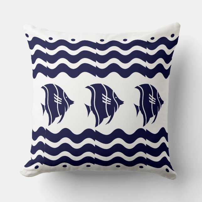 Modern Nautical Chic Navy Blue Fish Kudde (Framsida)