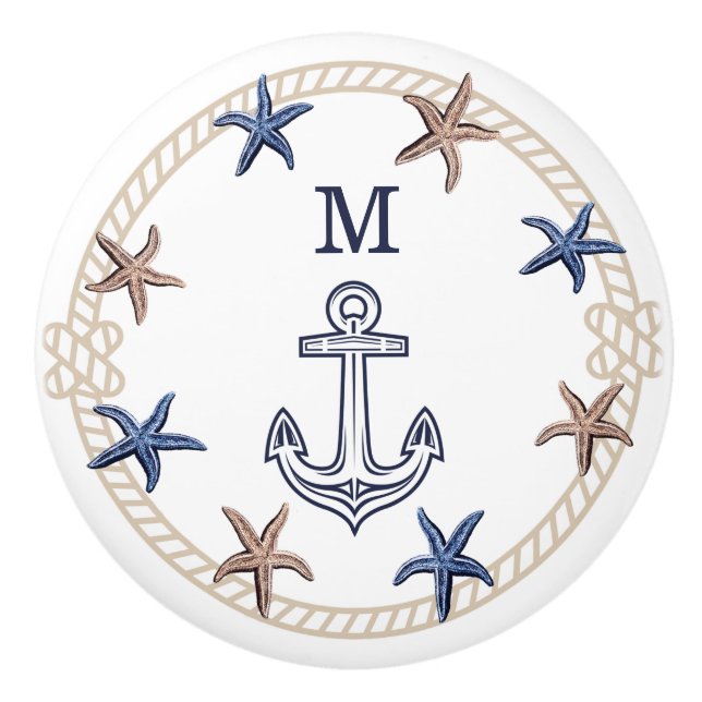 Modern Nautical Photo Navy Blue White Tan Starfish Knopp (Framsidan)