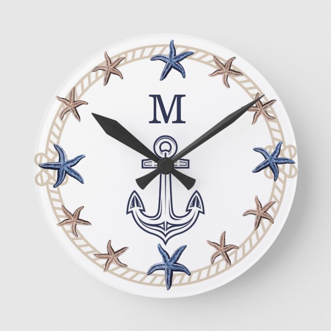 Modern Nautical Photo Navy Blue White Tan Starfish Rund Klocka (Framsida)
