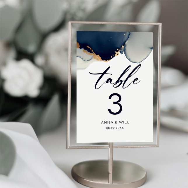 Modern Nautical Script Navy Blue Beach Wedand Bordsnummer (navy nautical wedding table number modern elegant bohemian boho summer winter beach)