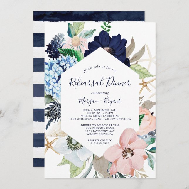 Modern Nautilus | Blommig Generalrepetition Middag Inbjudningar (Fram/baksida)