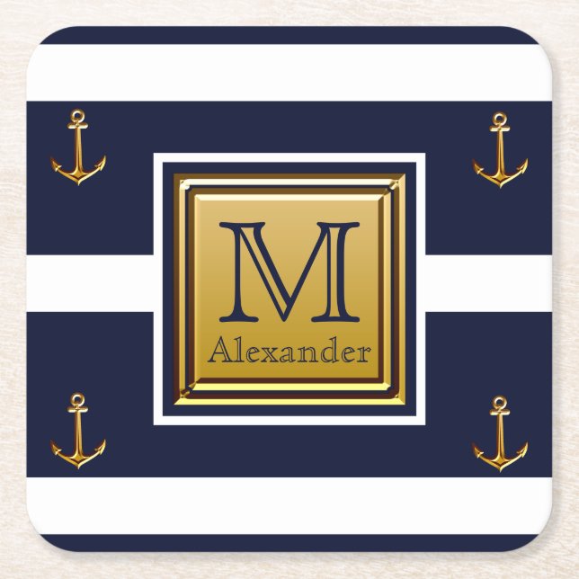 Modern nautisk ankare Blue White Guld Monogram Underlägg Papper Kvadrat (Framsidan)