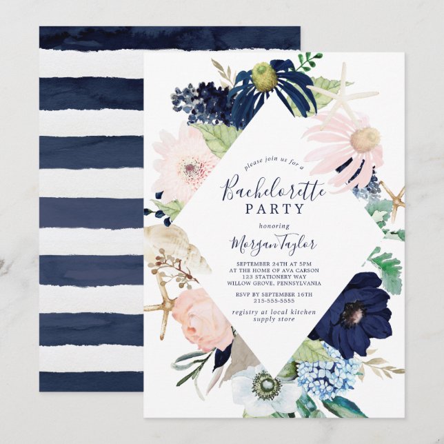 Modern nautisk | Blommigt Bachelorette Party Inbjudningar (Fram/baksida)