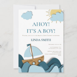 Modern nautisk Blue Boat Baby Shower Inbjudningar