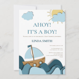 Modern nautisk Blue Boat Baby Shower Inbjudningar
