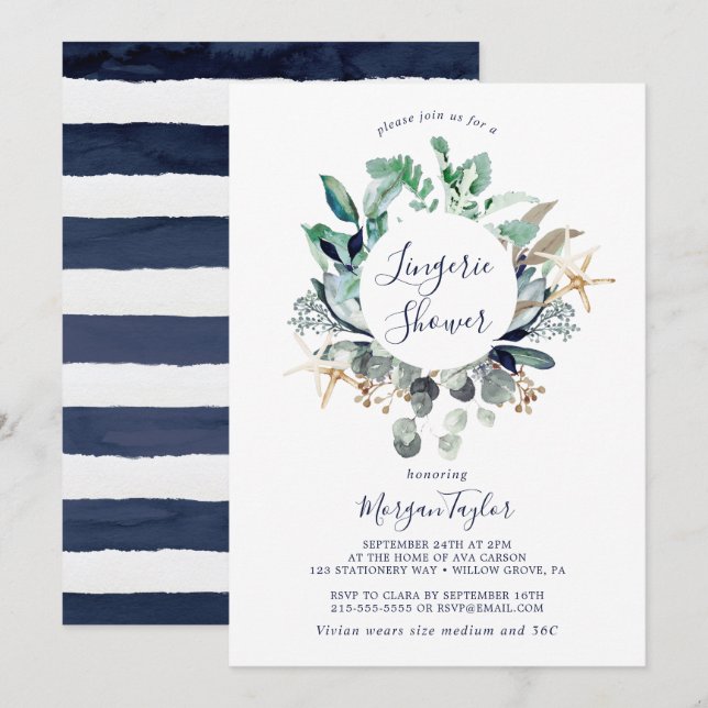 Modern nautisk | Greenery Lingerie Shower Inbjudningar (Fram/baksida)