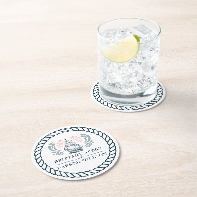 Modern Nautisk Personlig Bröllop Underlägg Papper Rund (Insitu)