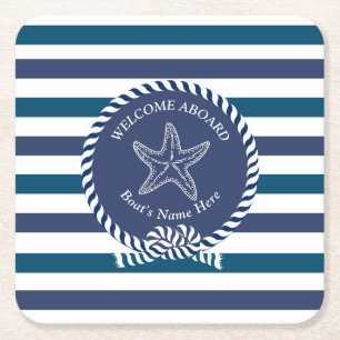 Modern Nautisk Rand-turquise Navy Blue White Underlägg Papper Kvadrat