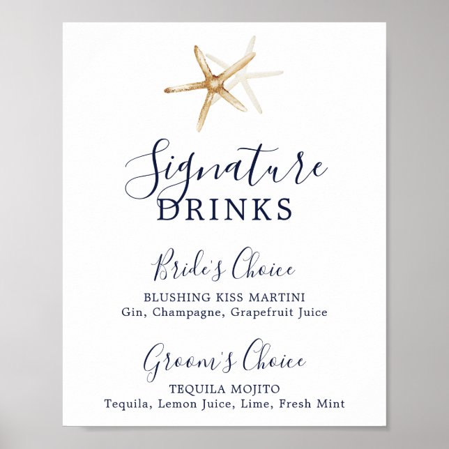 Modern nautisk | Starfish Namnteckning Drinks Sign Poster (Framsidan)