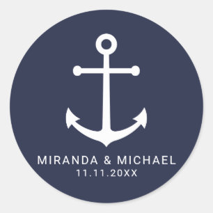Modern nautiska flottan Blue Anchor Wedding Favor Runt Klistermärke