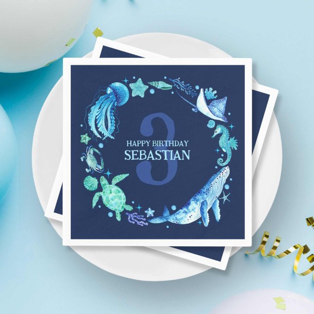 Modern nautiska havsdjur i blå vattenfärg pappersservett (Modern Nautical Ocean Animals in Blue Watercolor Napkins)