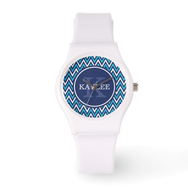 Modern Navy Aqua Blue Chevron & Monogram Armbandsur (Framsida)