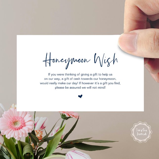 Modern Navy avslappnad elegance font, Honeymoon Wi Tilläggskort (Honeymoon Wish Enclosure Card, Cash, Fund, Modern casual elegance script, in Navy Blue)