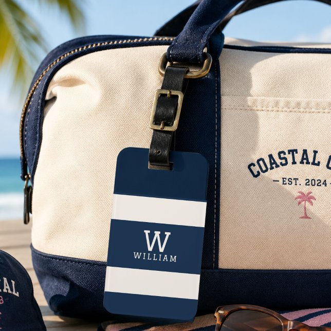 Modern Navy Beige Kustrandmonogram Namn Bagagebricka (Skapare uppladdad)
