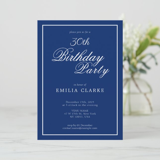 Modern Navy Birthday Party Invitations for Adults Inbjudningar (Stående Fram)