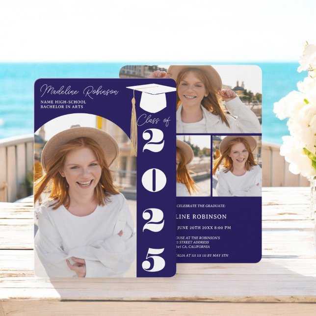 Modern Navy Blue 4 foton Studenten Inbjudningar (Modern Navy Blue 4 photos Graduation Invitation)