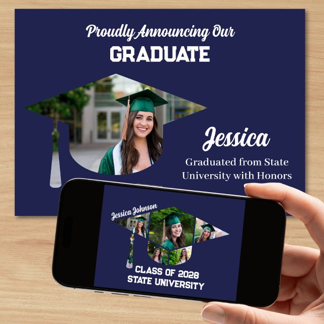 Modern Navy Blue 7 Photo Studenten Meddelande (Modern Navy Blue Graduation Announcement with 7 Photos)