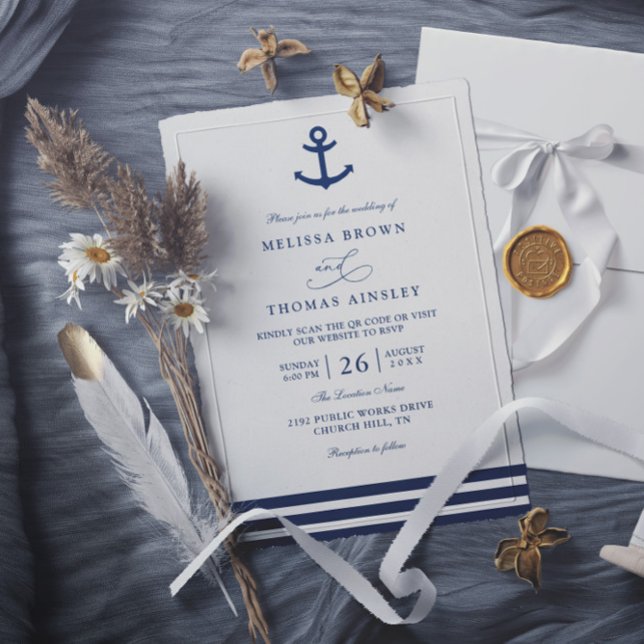 Modern Navy Blue Anchor Nautical QR Code Wedding Inbjudningar (Skapare uppladdad)
