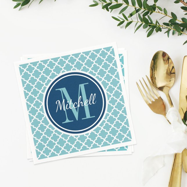 Modern Navy Blue and Aqua Quatrefoil Monogram Pappersservett (Skapare uppladdad)