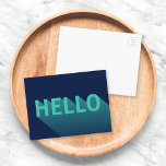 Modern Navy Blue and Aqua Teal Hej Typography Vykort<br><div class="desc">Skicka en hej till familj och vänner med det här färgstarka blåkortet för marinen som har en modern abstrakt utformning av en akvatisk och tealskuggad "Hej" med en lång skugggradient. *Observera att Zazzle Watermark som visas i zoomförhandsvisningen INTE visas på den färdiga tryckta produkten. © Rosewood and Citrus</div>