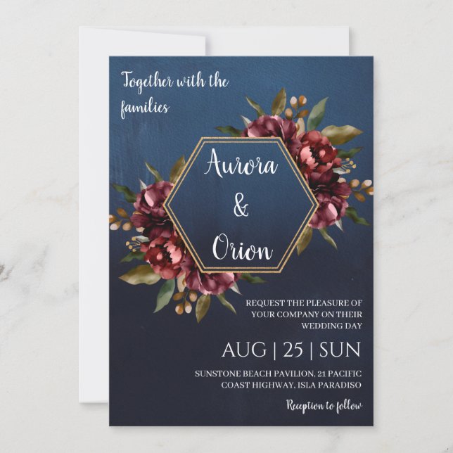 modern navy blue and burgundy wedding invitations inbjudningar (Framsida)