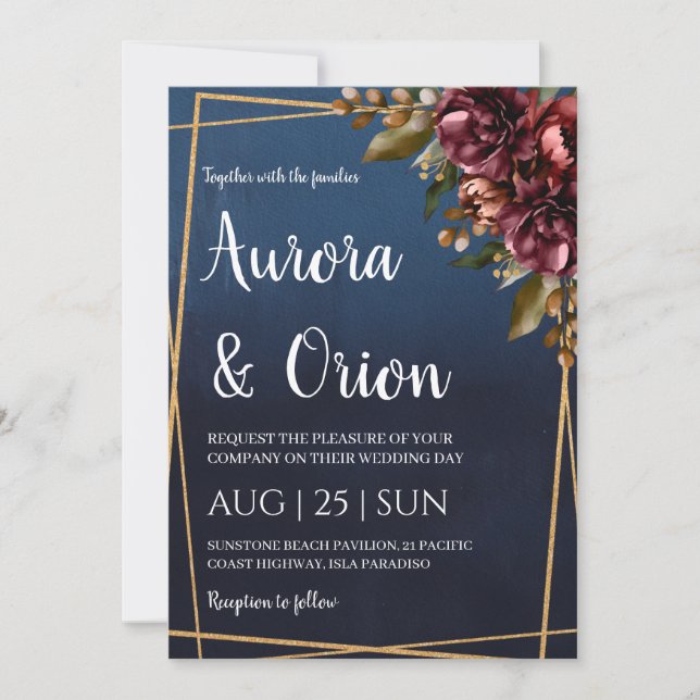 modern navy blue and burgundy wedding invitations inbjudningar (Framsida)