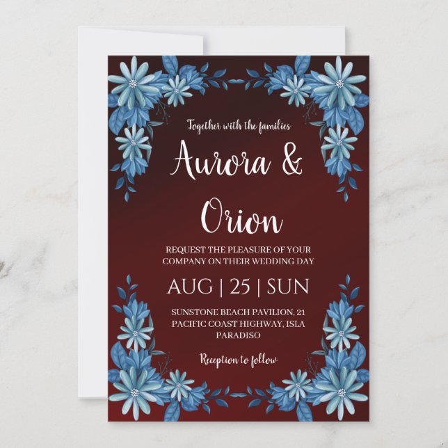 modern navy blue and burgundy wedding invitations inbjudningar (Framsida)