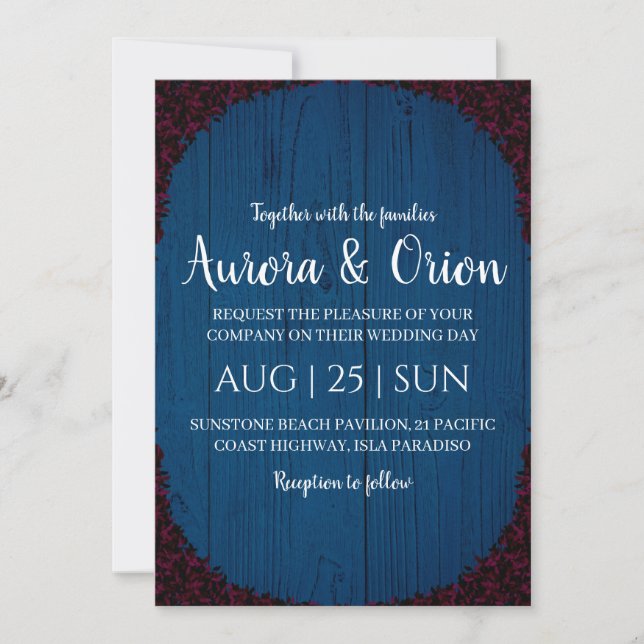 modern navy blue and burgundy wedding invitations inbjudningar (Framsida)